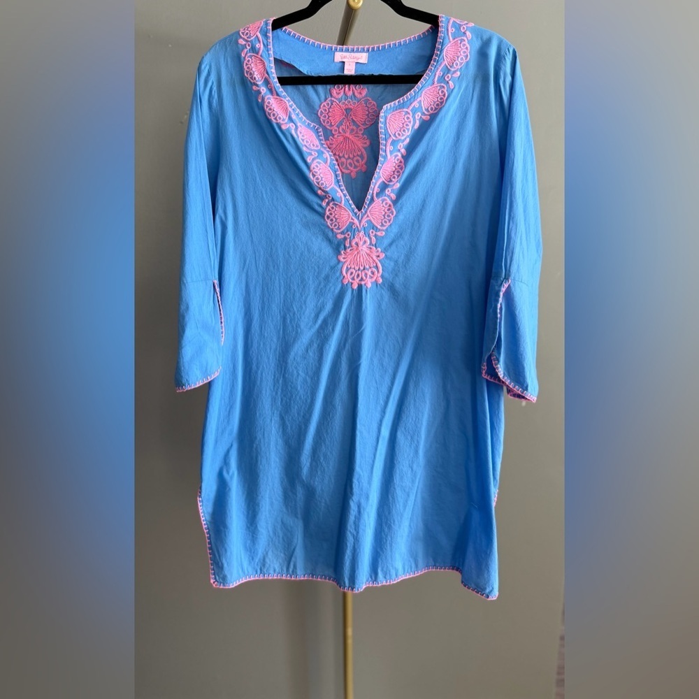 Lilly Pulitzer Piet Blue Pink Embroidered Tunic Cover Up Mini Dress Resort
